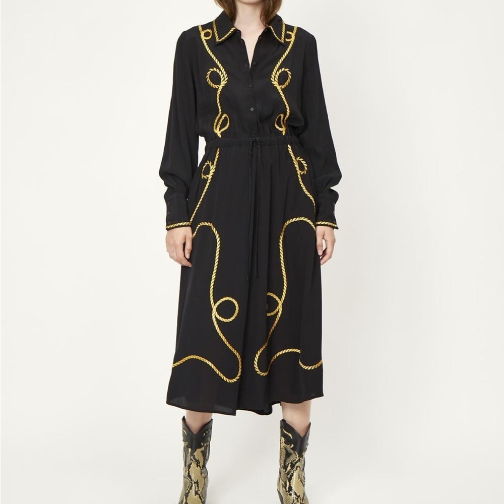 Just Female Wylie Western Lasso Dress. Black with gold embroidery. Size Medium